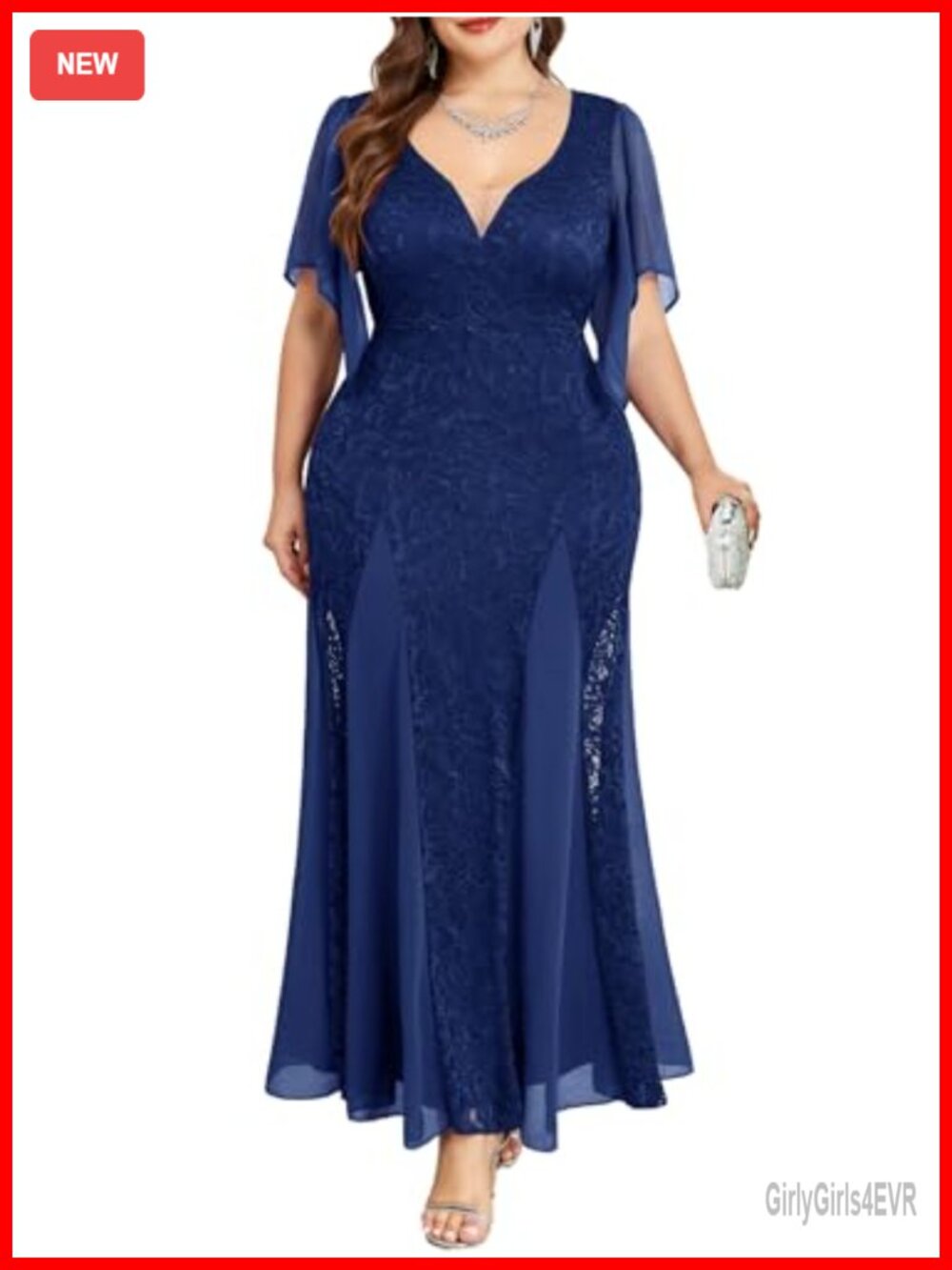 Plus Size Chiffon Lace Evening Gown Handkerchief Sleeve Maxi Dress